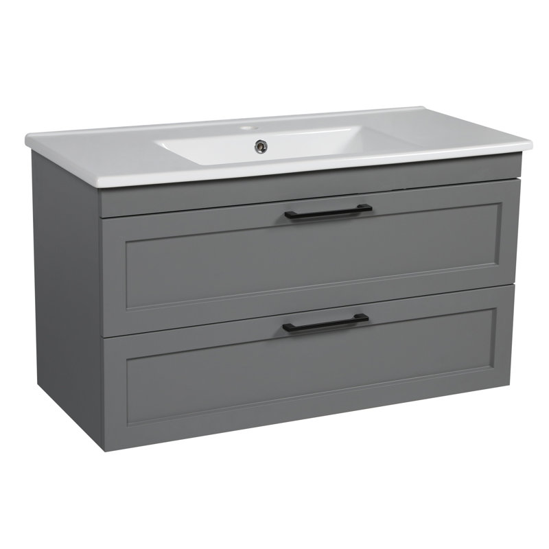 Palm Beach Gray Matte Wall-Mounted Bathroom Vanity with Ceramic Top