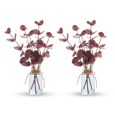 Artificial Eucalyptus Stems in Vase with Faux Water, 13" Fake Plant with Double-Sided Leaves, 2 PCS, Red