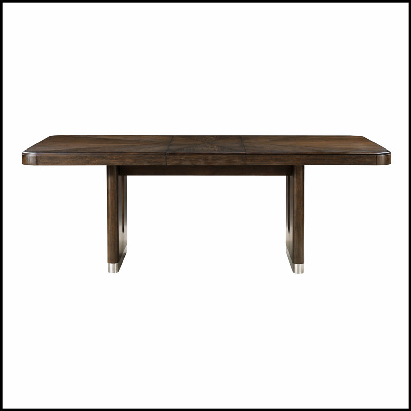 Table de salle à manger rectangulaire moderne avec rallonge, base métallique unique et durable, mobilier en bois brun