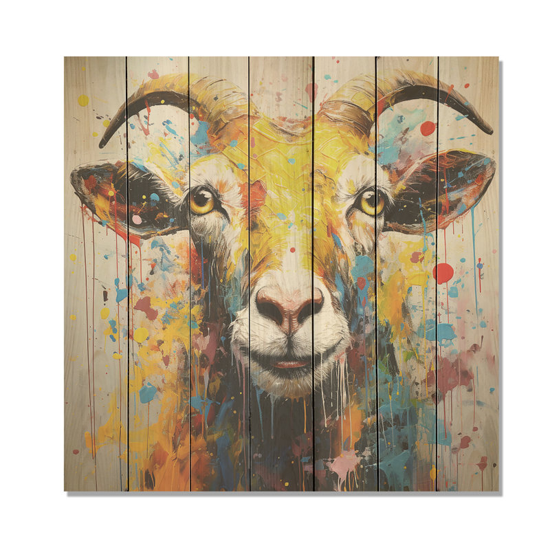 Portrait de chèvre jaune Pop Art - animal de chèvre sur bois, H 25 po x l 25 po