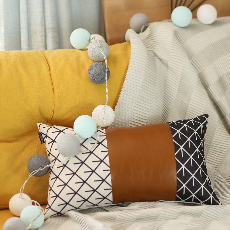 Boho Brown and Ivory Geometric Vegan Leather Lumbar Pillow Covers, 12" x 20", Set of 2