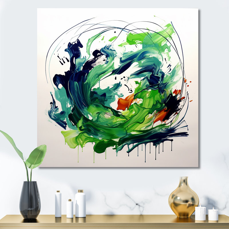 «Green and White Abstract Ink Expression III», art mural abstrait, Toile tendue, H 36 po x l 36 po x P 1,5 po