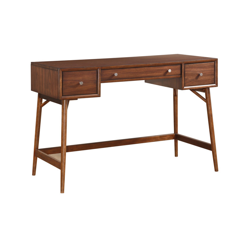 Bureau à hauteur de comptoir en bois avec finition brune et compartiments de tiroir avec garniture en placage de noyer moderne