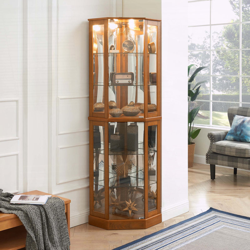 Corner Curio Display Cabinet with Lights, Mirrors, and Adjustable Shelves, Oak