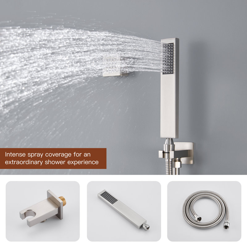 Brushed Gold Large Dual Rectangle Ceiling Mounted Shower System with LED and Bluetooth