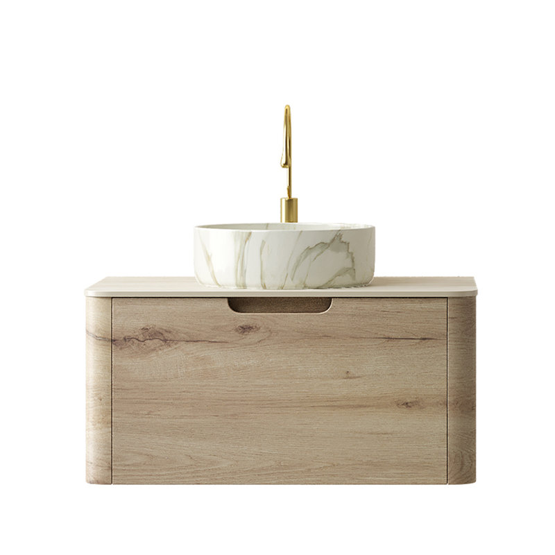 Zavelle Modern Floating Plywood Bathroom Vanity with Marble-Pattern Vessel Basin & Sintered Stone Countertop, 30"