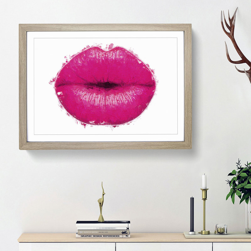 Hot Pink Lips in Abstract - Picture Frame Painting Print on MDF, 48cm H x 65cm W x 2cm D, Oak Framed