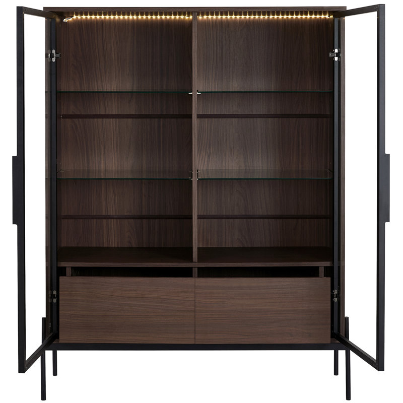 Armoire à DEL avec porte en verre trempé. Moderne minimaliste pour le salon, le bureau et le bureau. 4 tablettes réglables, 2 tiroirs, pieds en métal, présentoir lumineux noir et noyer foncé trempé. Style