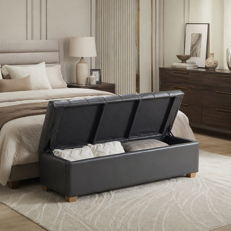 Banc de rangement rembourré en polyuréthane de 60,2 po de large avec repose-pieds capitonné avec repose-pieds, Gray