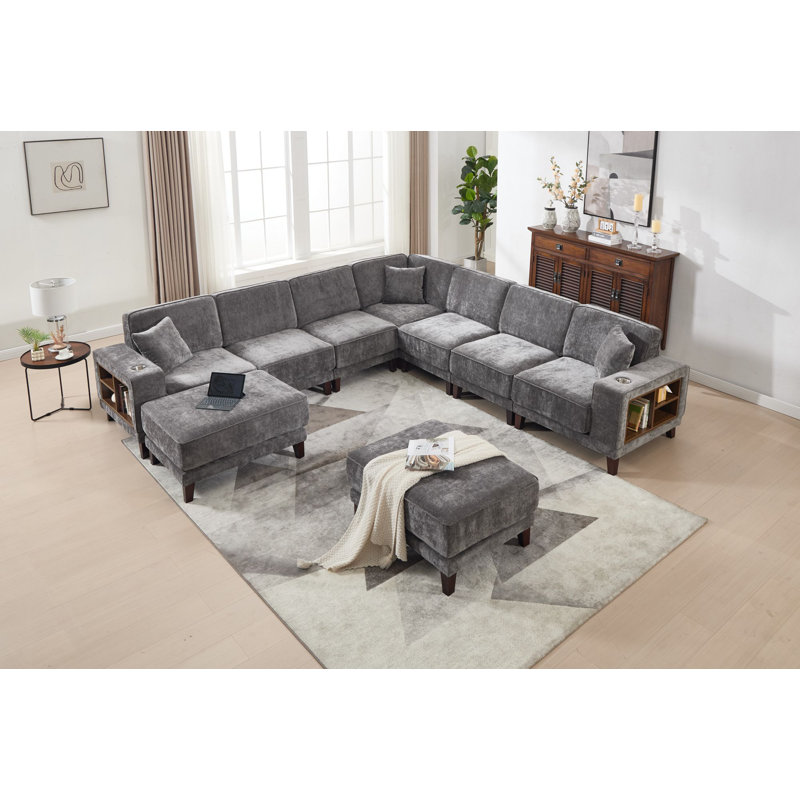 9pcs Compression Module Sectional With Bookshelf Ottoman, Dark Gray Polyester Blend