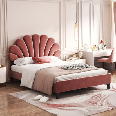 Full Size Upholstered Platform Bed With Flower Pattern Velvet Headboard by SHANRUGUOJI