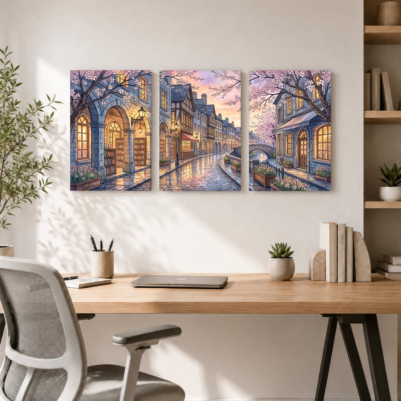 Art mural sur toile, "Cherry Blossom Street with Stone Buildings and Canal", H 36 po x l 24 po x 3 pièces
