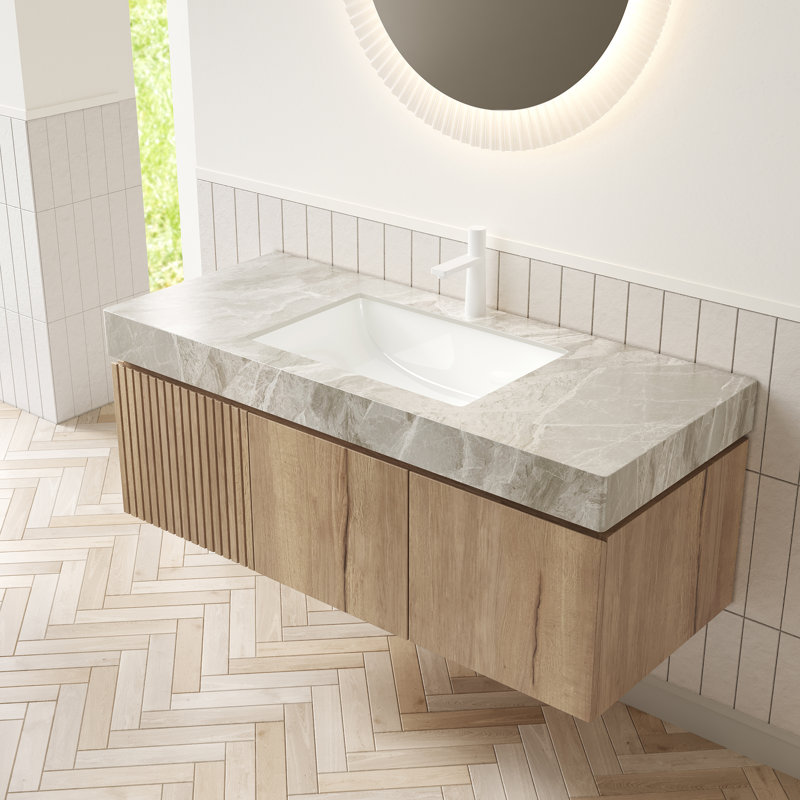 48" Single Bathroom Vanity Set With Ceremic Sink, Wall-Mounted Bathroom Storage Cabinet With Sintered Stone Top, Oak