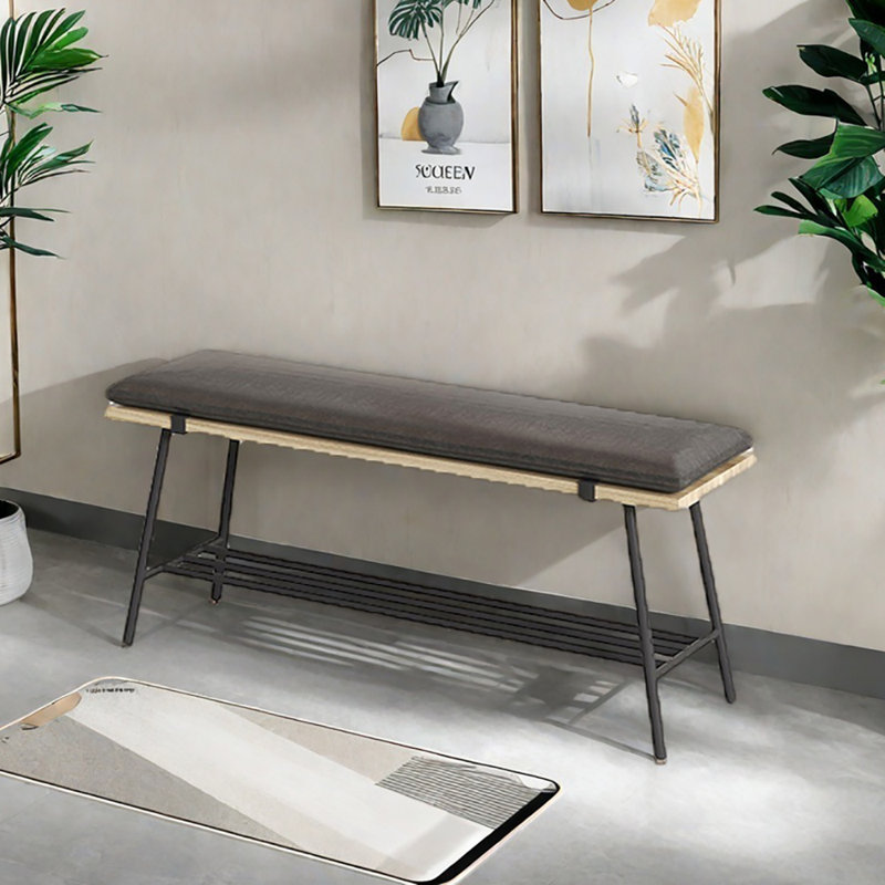 39.4in Wrought Iron Frame Shoe Storage Bench, Black;Natural Wood