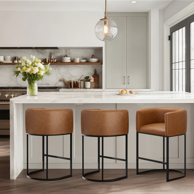 Pu Leather Counter Stool Barrel Counter Height Stools Set of 3, Walnut