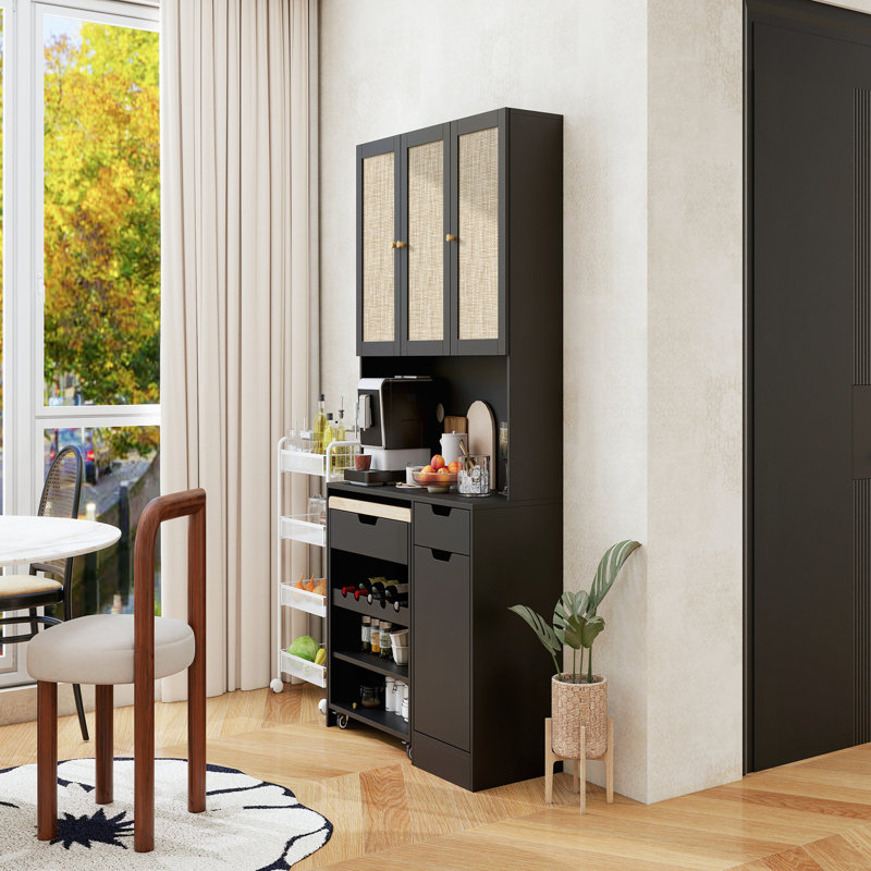 69.29" Modern Buffet Cabinet with Kitchen Cart, Kitchen Pantry Storage Cabinet,Tall Kitchen Hutch Cabinet,Food Pantry Cabinet with 3 Rattan Doors and Adjustable Shelves , Black