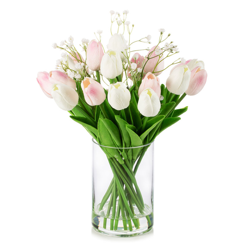 Arrangement floral tulipes dans un vase, Blanc / rose
