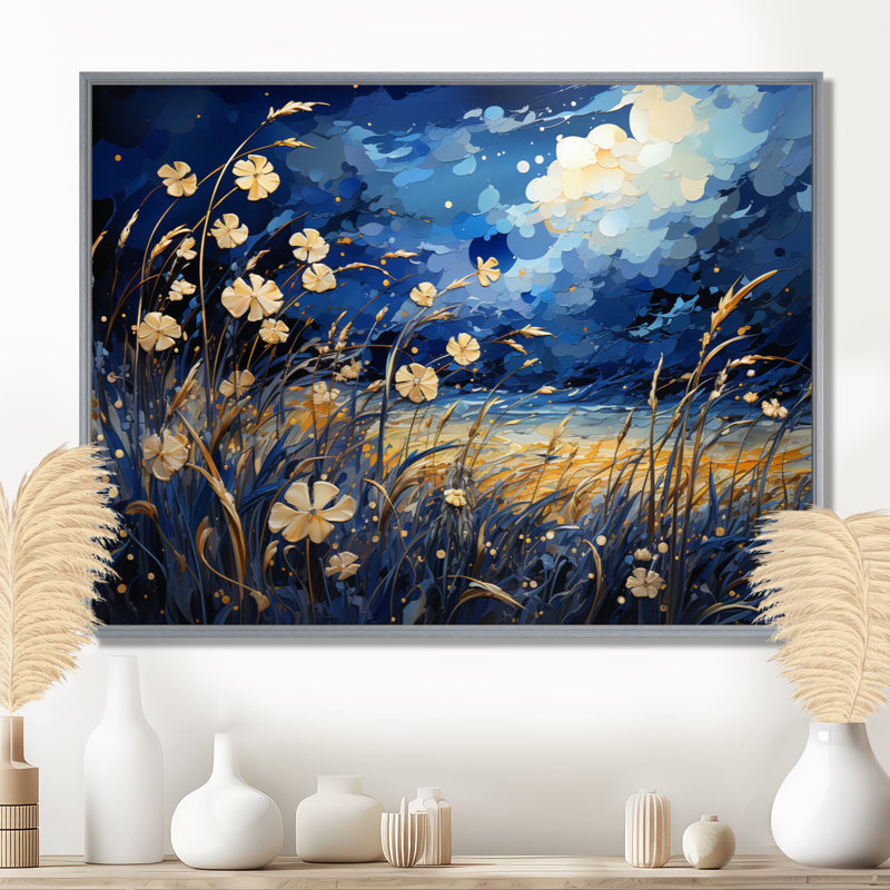 Coquelicots bleu marine - prairie, art mural, H 30 po x l 40 po x P 1,5 po, Encadrement argenté