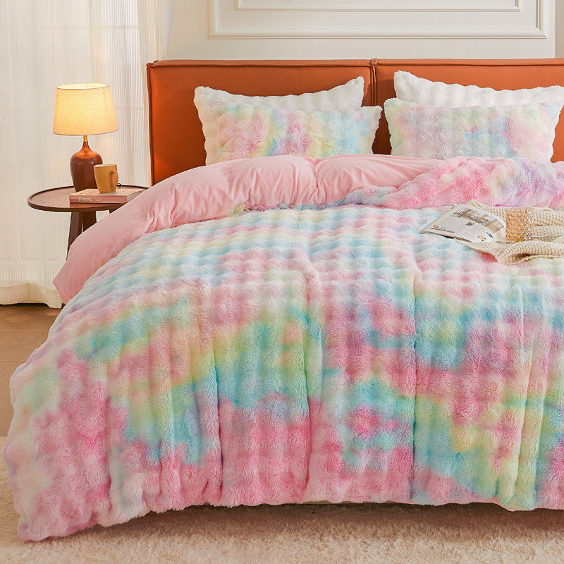 Ensemble de literie à poil long EMME Luxury Elegant Shaggy Bubble, Housse de couette pour grand lit + 2 taies décora