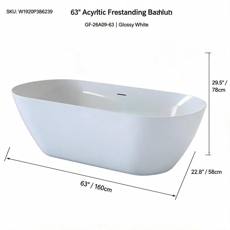 Baignoire autoportante en acrylique blanc brillant de 63 pouces avec bonde escamotable et trop-plein intégré