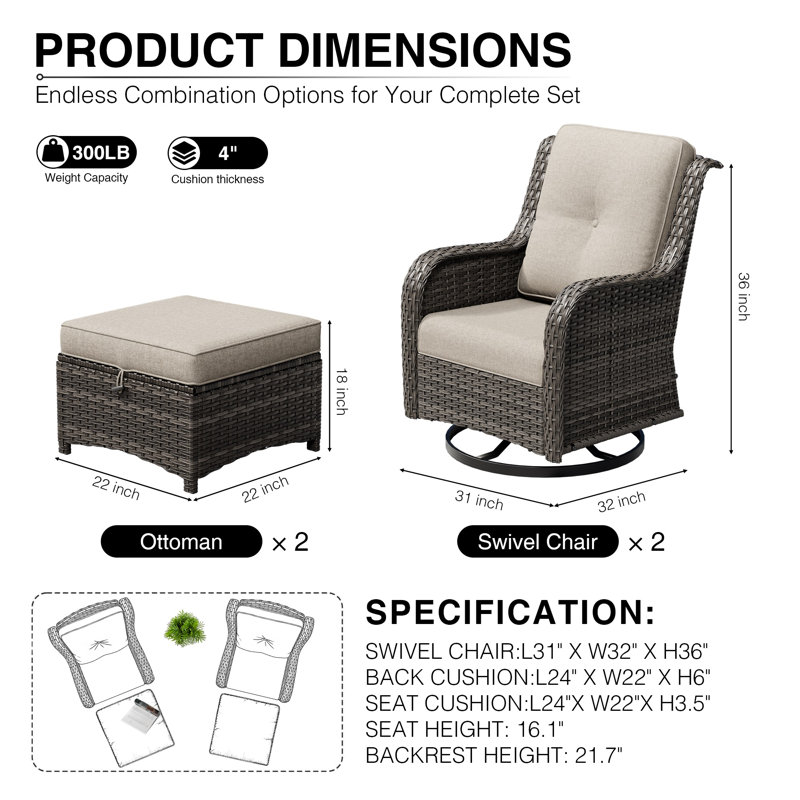Ensemble de 4 chaises et repose-pieds en osier avec coussin touffeté Holoman, Beige