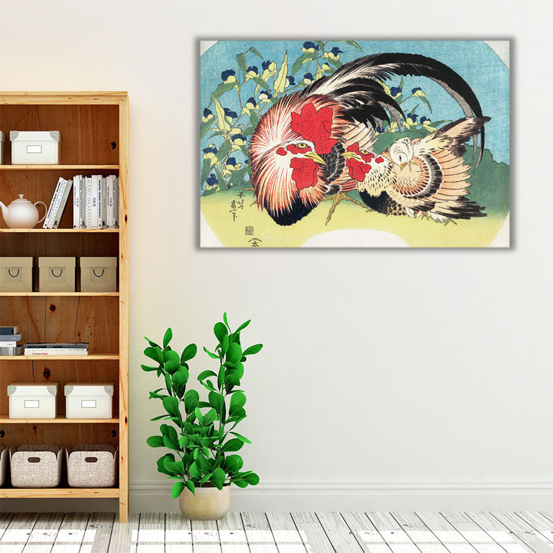 Coq, poule et poulet avec araignée (1830-1833) - reproduction d'art sur toile, H 24 po x l 36 po