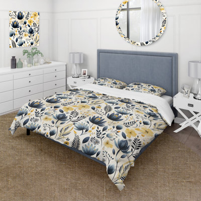 Ensemble de housse de couette bleu foncé et blanc à motif de jonquille Allure