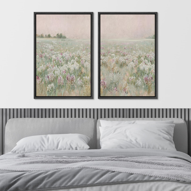 «Serene Meadow Field Pastel Floral Landscape In Hazy Dawn Light Modern Art Wall Decor», reproduction d'art encadrée sur toile, 2 pièces