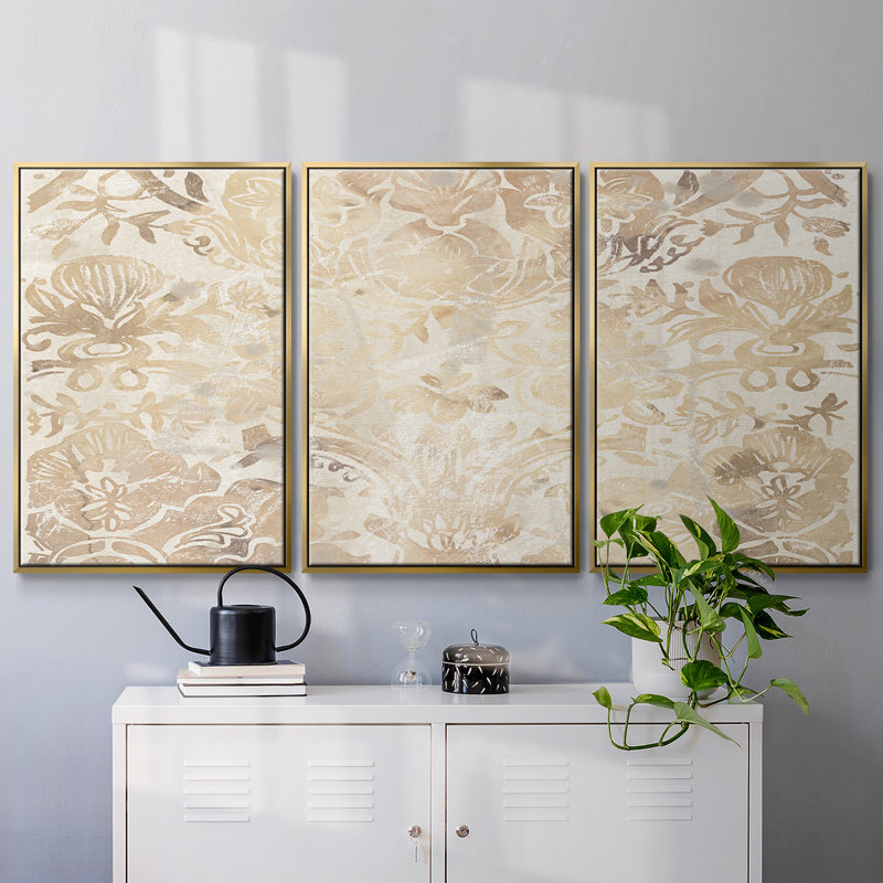 Noyer damassé III, reproduction sur toile 3 pièces, H 24 po x l 48 po x P 2 po, Or