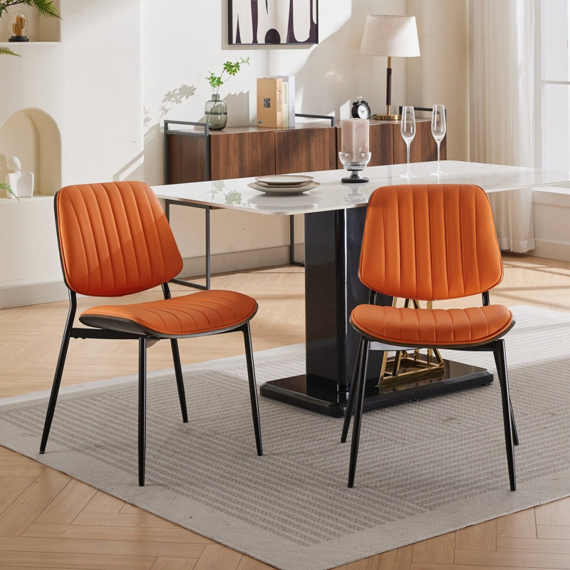 Mid Century Modern Dining Chairs (2 ), Orange Pu, Walnut Back, Metal Legs, Ergonomic & Waterproof For Home Decor Use Of 2, Pu Seat, Classic Style Room