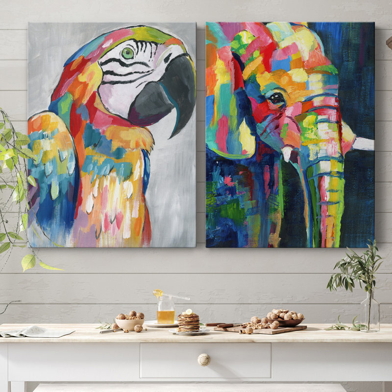 «Vibrant Parrot», ensemble de 2 reproductions d'impressions, H 12 po x l 16 po x P 1 po, Toile tendue, Pas de tapis