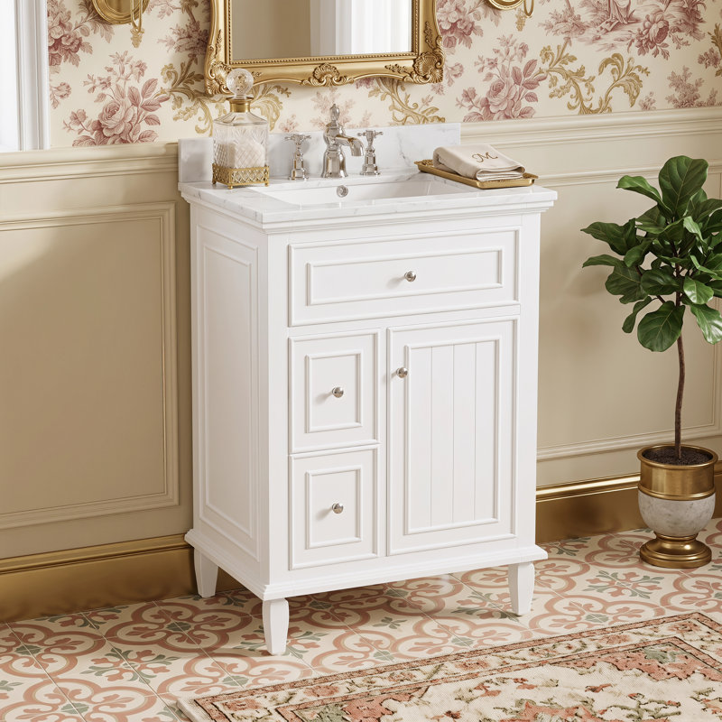 Meuble-lavabo de salle de bain avec lavabo, 1 tiroir rabattable + 2 tiroirs, tablette de rangement réglable intégrée, Blanc