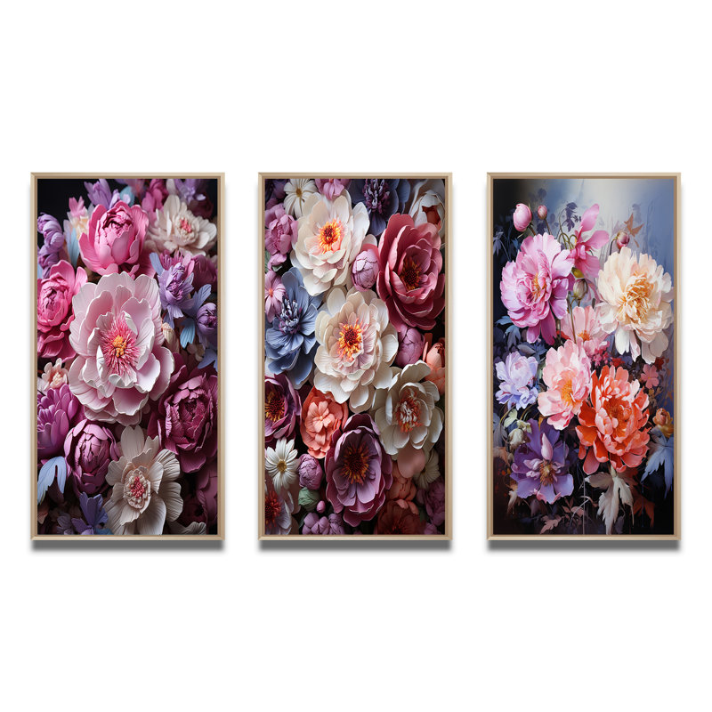 «Asian Art Peonyes in Pink», 3 pièces sur toile, Encadré naturel, H 32 po x l 48 po