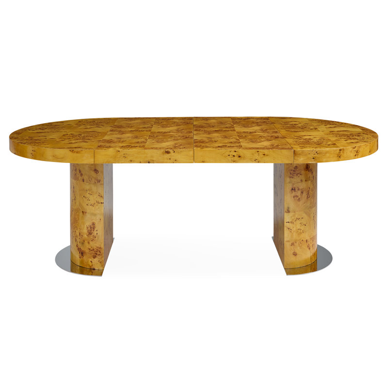 Honey-Hued Round Extendable Wood Dining Table with Nickel Base