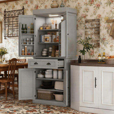 Armoire de cuisine de style moderne avec lumières DEL, tablettes de porte, tiroir et tablettes réglables