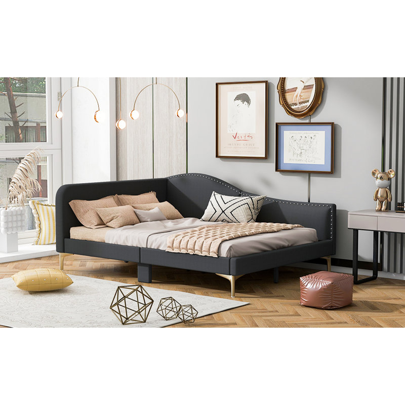Lit de jour pleine grandeur gris, avec tête de lit, accoudoirs et structure assemblés - Option de durabilité élégante, choix de matelas gris et pieds de soutien stables