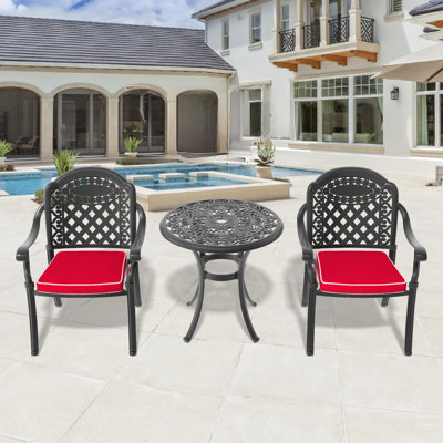 Cast Aluminum 3 Outdoor , Black Frame, Random Color Cushions For Peace, Stackable Chairs, Round Table With Umbrella Hole Patio Furniture Comfy Seat In Colors, , Space Stacking