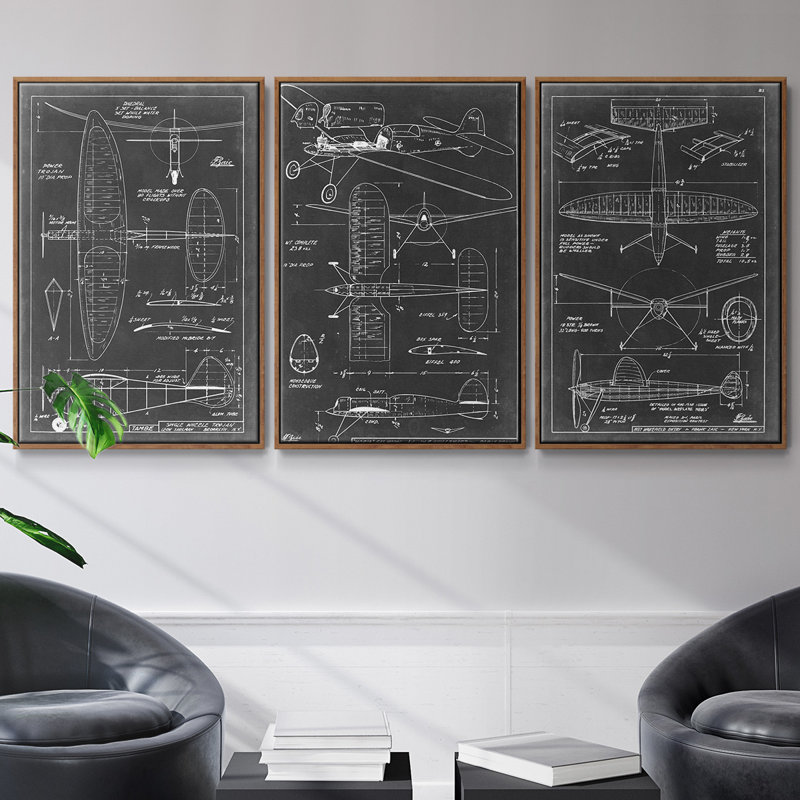 "Aéronautique", ensemble de 3 pièces encadrées sur toile, H 36 po x l 72 po, Noyer