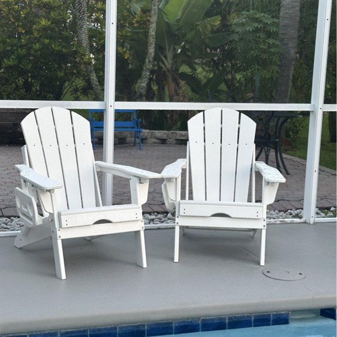 HDPE Folding And Adjustable Adirondack Chair With Ottoman (Set of 2) - Black