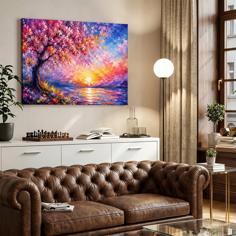 «Vibrant Impressionistic Flowering Tree Sunset Lake Landscape», impression sur toile tendue, 28x40in