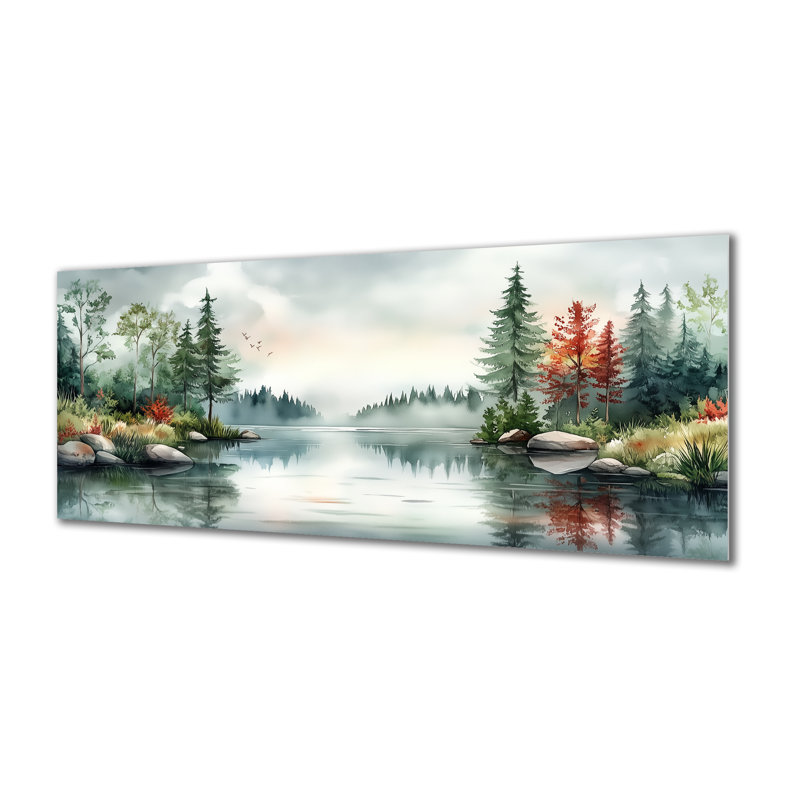 Impression d'automne sur métal - scène de réflexion lac de forêt d'automne, décoration murale verte sereine