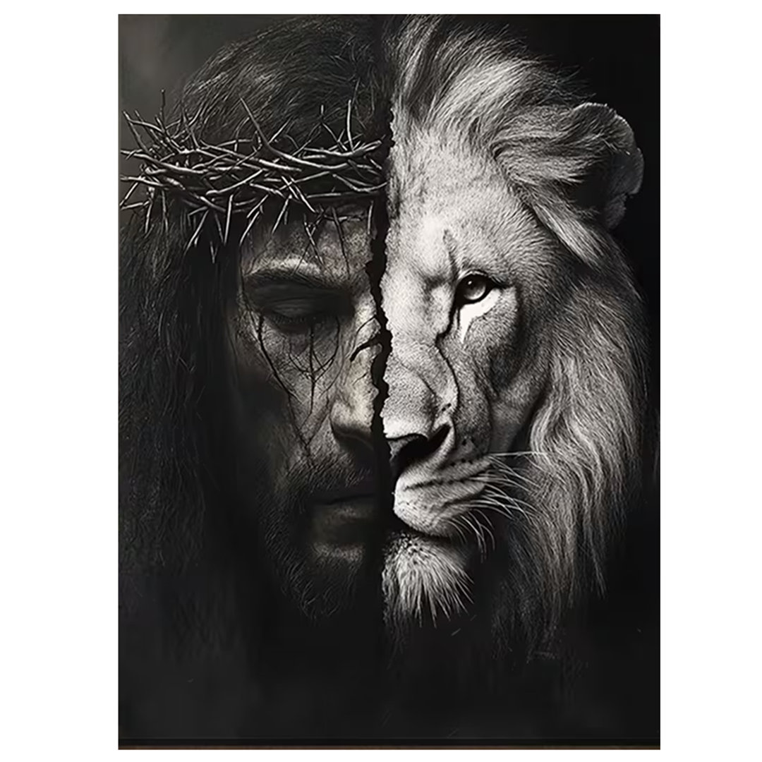 90*60,2D Flat, 1Pc Jesus And Lion Of Judah Canvas Painting - Black And White Religious Wall Art With Wrapped Frame.