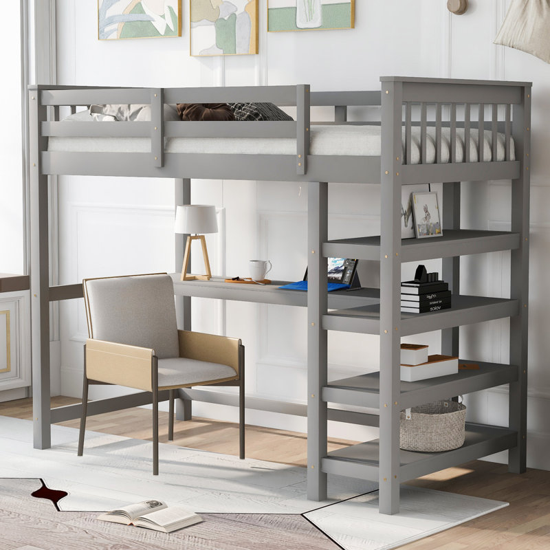 Lit mezzanine simple avec tablettes de rangement et bureau, gris et bois massif, Gris, Lit simple