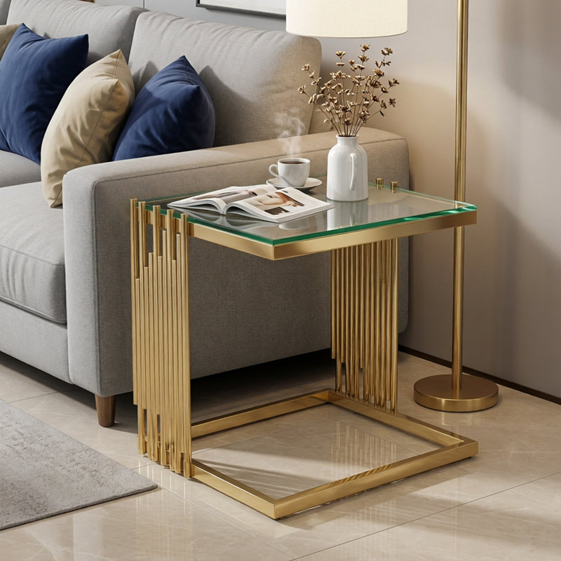 Table de bout en U en acier inoxydable doré - Table d'appoint carrée en verre trempé de 16 po avec tube vertical, table d'appoint moderne pour le salon, la chambre à coucher, le canapé ou le coin - Conception compacte et peu encombrante