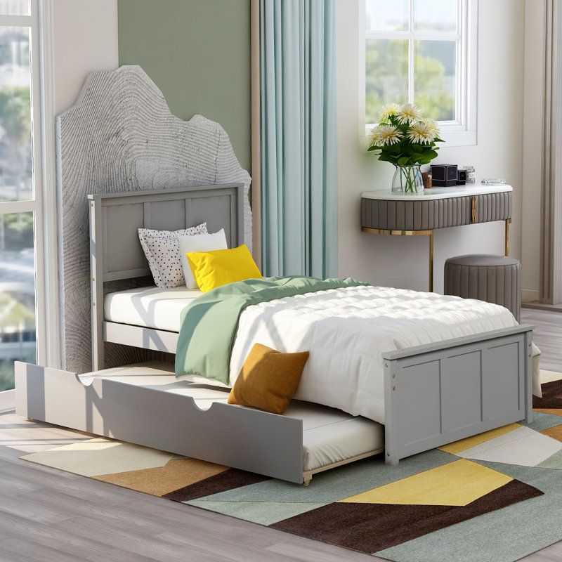Berwyn Twin Size Platform Bed with Trundle, Wood, Gray