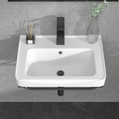 20'' L x 14'' W Ceramic Wall-Mount Bathroom Sink with Stainless Steel Bracket and Faucet Hole