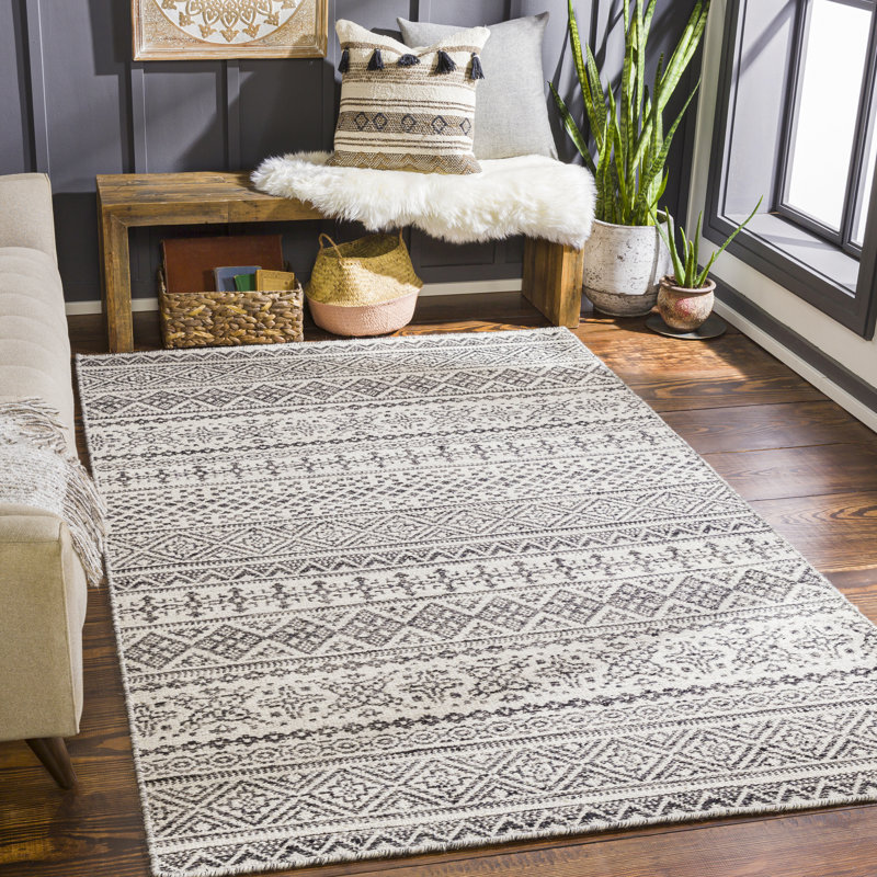 Tapis gris foncé / ivoire en laine tissée à la main Acsa Southwestern, Rectangle 3 pi 6 po x 5 pi 6 po