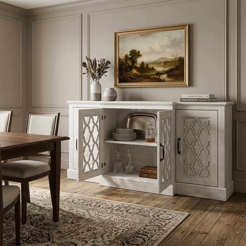 Chessani 59.1" Traditional Cutout 4 Door Dining Cabinet with Adjustable Shelves, Dusty Gray Oak