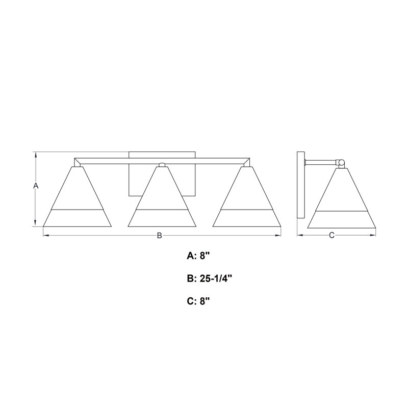 Winthrop 3-Light 25.25 In. Wide Modern Contemporary Bathroom Vanity Lighting Fixture, Etched White Cone Glass Shade, Dimmable, LED Compatible, Over The Mirror Mounted Metal Wall Sconce