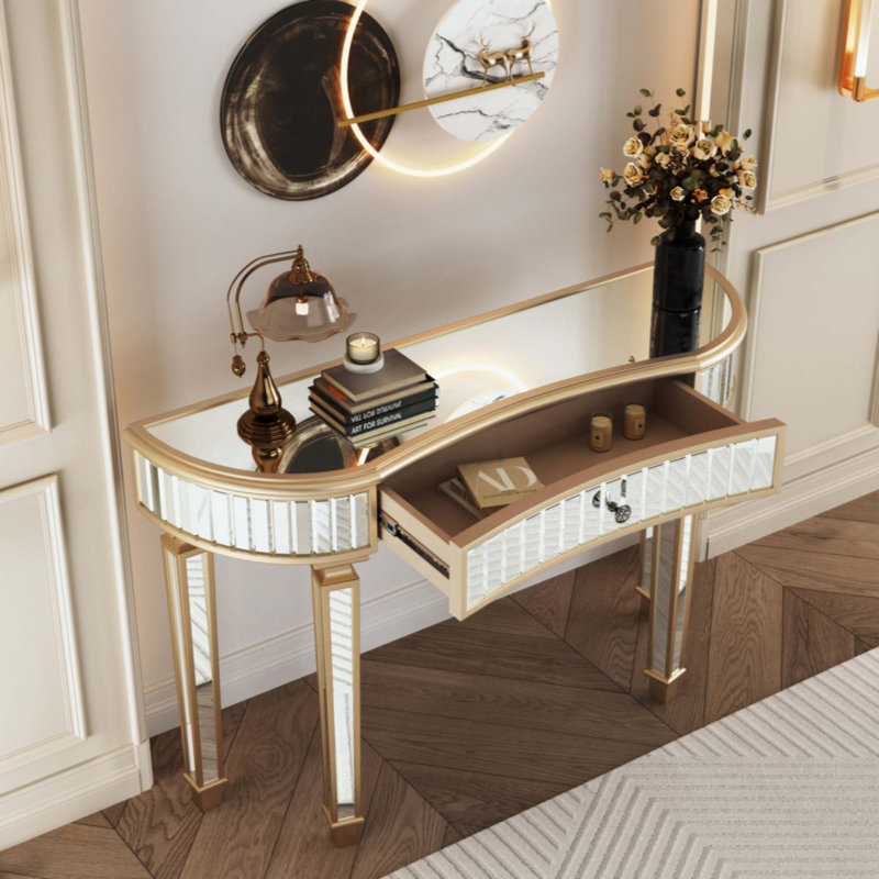 Half-Moon Mirrored Console Table With Fluted Glass & Crystal Knob Drawer - Silver Entryway Vanity Desk For Bedroom/Dressing Room